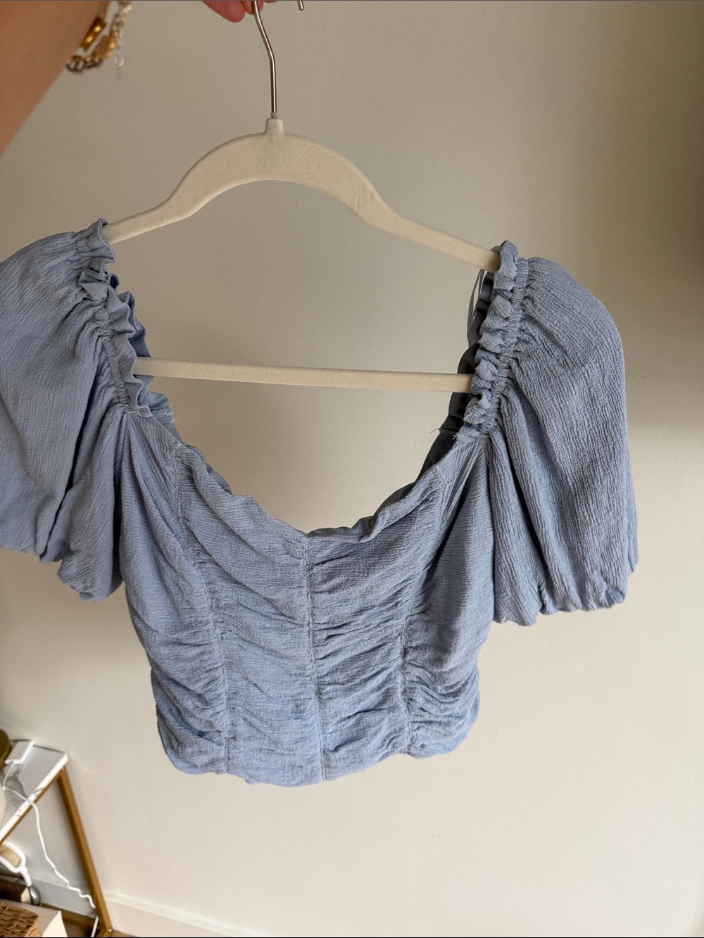 Astr Light Blue Smocked Puff-Sleeve Cropped Blouse